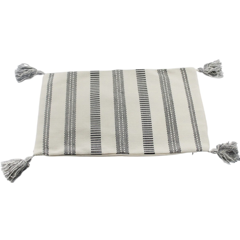 2 Pcs Striped Throw Pillow Cover Cream Charcoal Grey Tassels Woven 19.5 x 11.5